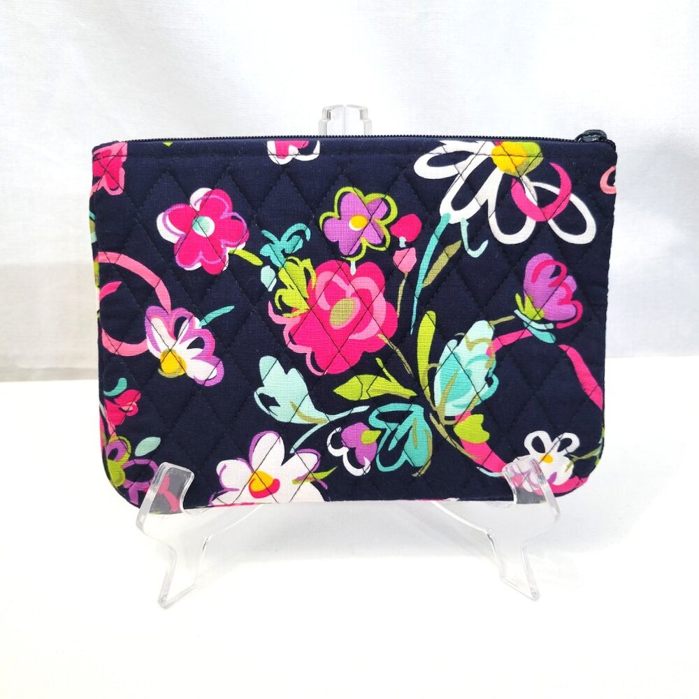 Vera Bradley Quilted Cosmetic Bag - Retired Ribbons Navy Blue Pink Floral Pouch - Picture 2 of 7